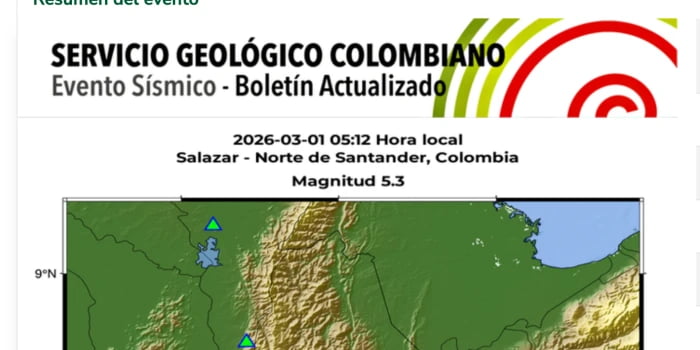 Temblor de magnitud 5.3 se sintió en la madrugada del 1 de marzo en varias regiones de Colombia